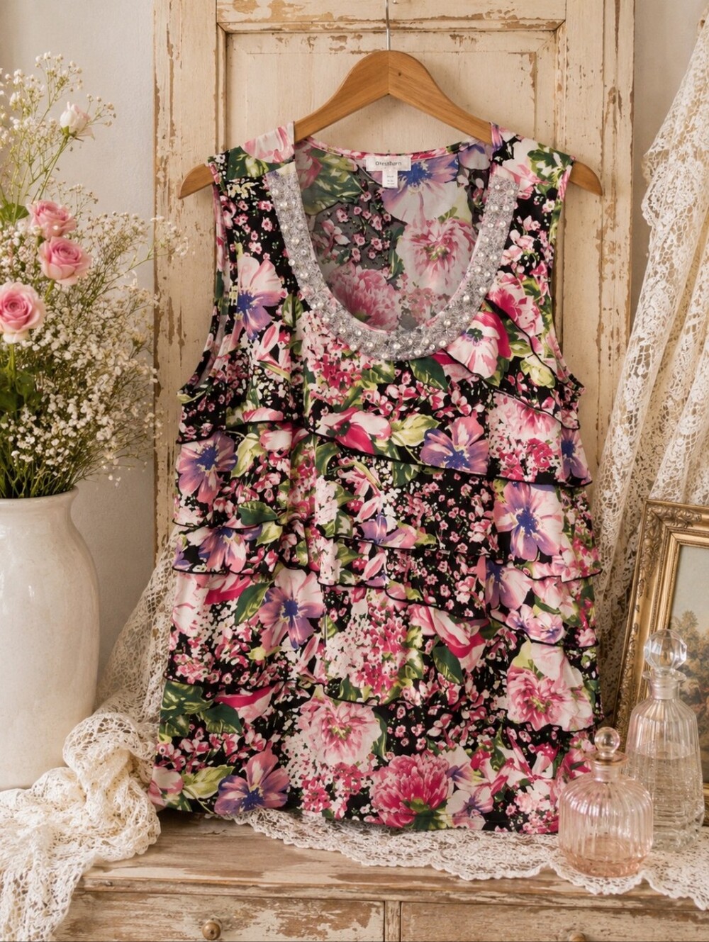Dress Barn 22/24 Floral Sleeveless Top - Pink and Green